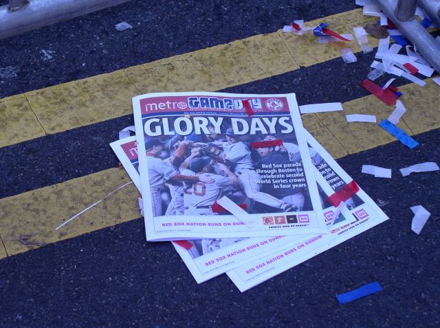 Red Sox Victory Parade 2007 detritus along Massachusetts Avenue. No, I did not arrange these newspapers for my photo.